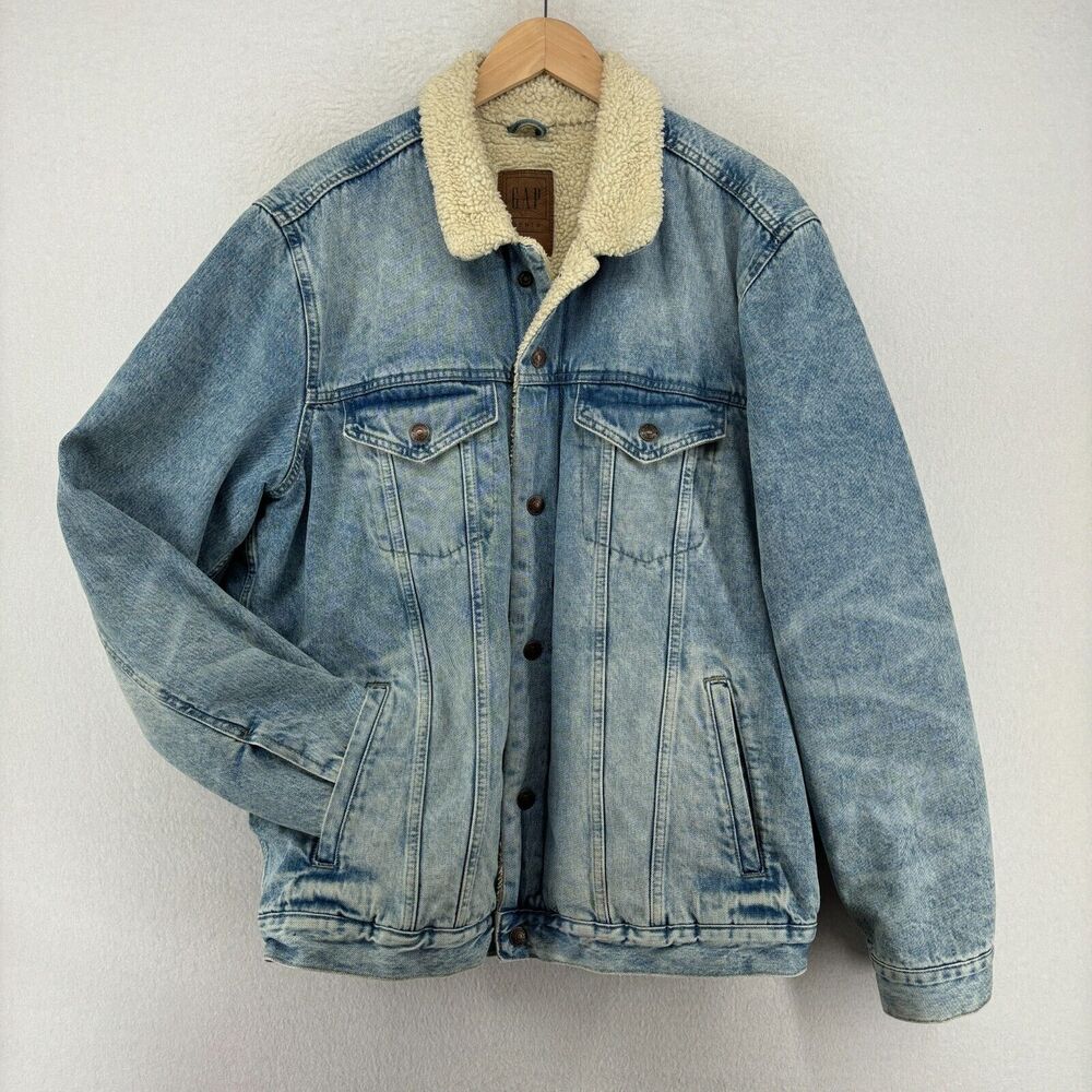 GAP DENIM Jacket Mens XL Trucker Sherpa Fleece Snap Front Cotton Light Wash Blue - Picture 1 of 14